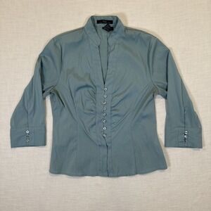 Heart Moon Star Light Blue Long Sleeve Button Up Blouse Size Large Dress Shirt